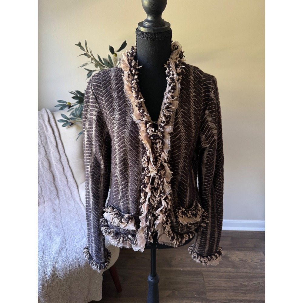 HR Brown‎ Herringbone Wool Angora Fringe Trim Cardigan Jacket Large